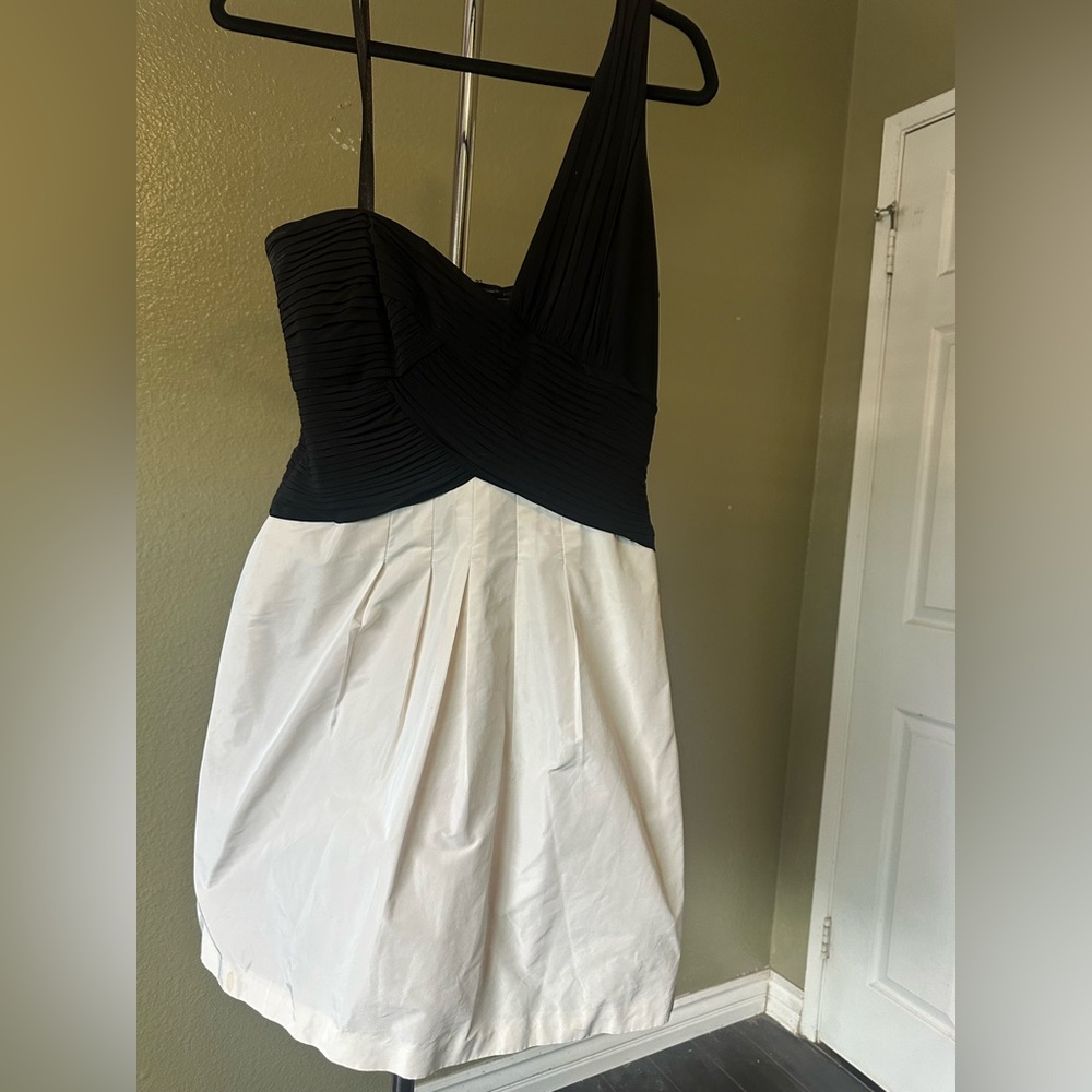 BCBGMaxAzria Black and White One-Shoulder Pleated Cocktail Dress